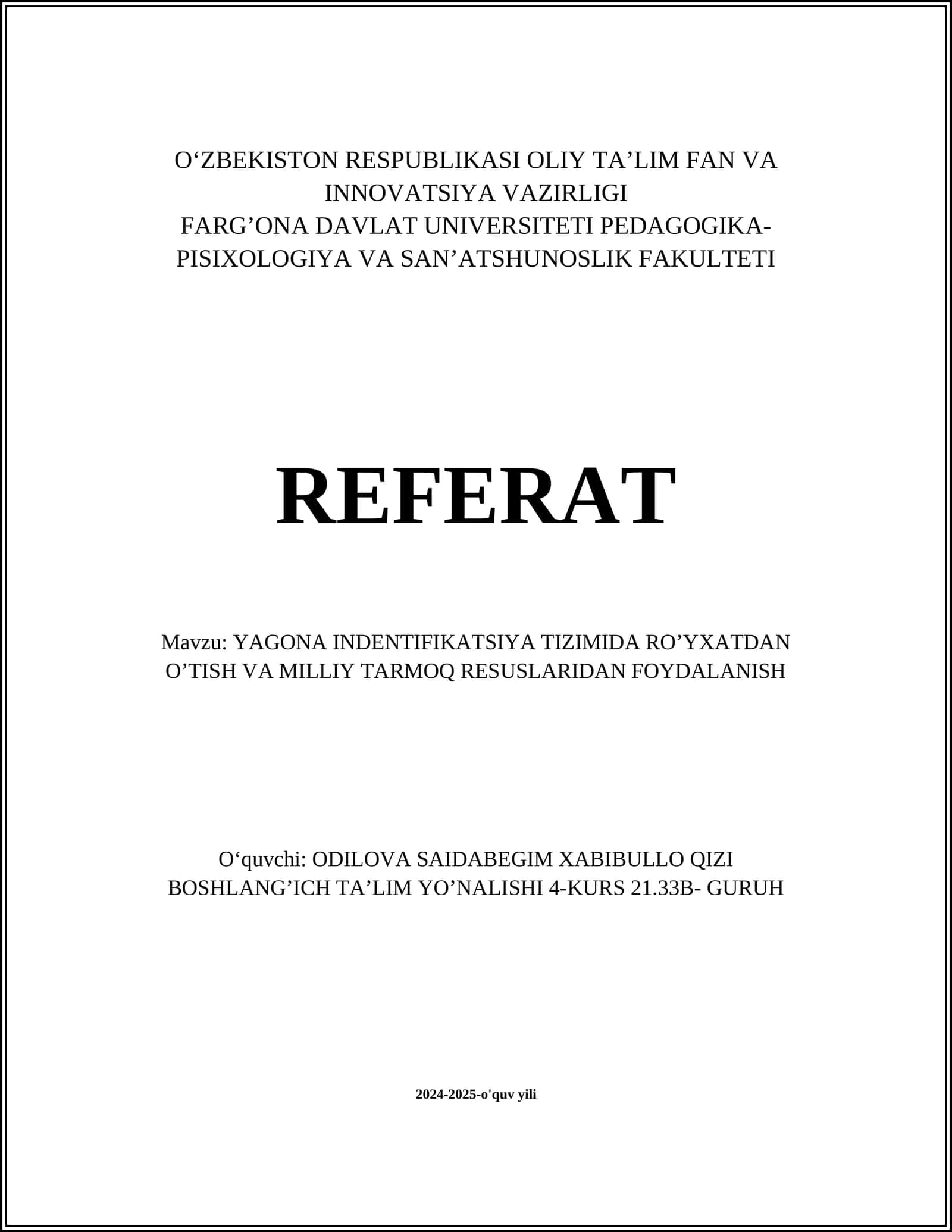 Yagona Indentifikatsiya Tizimi referat