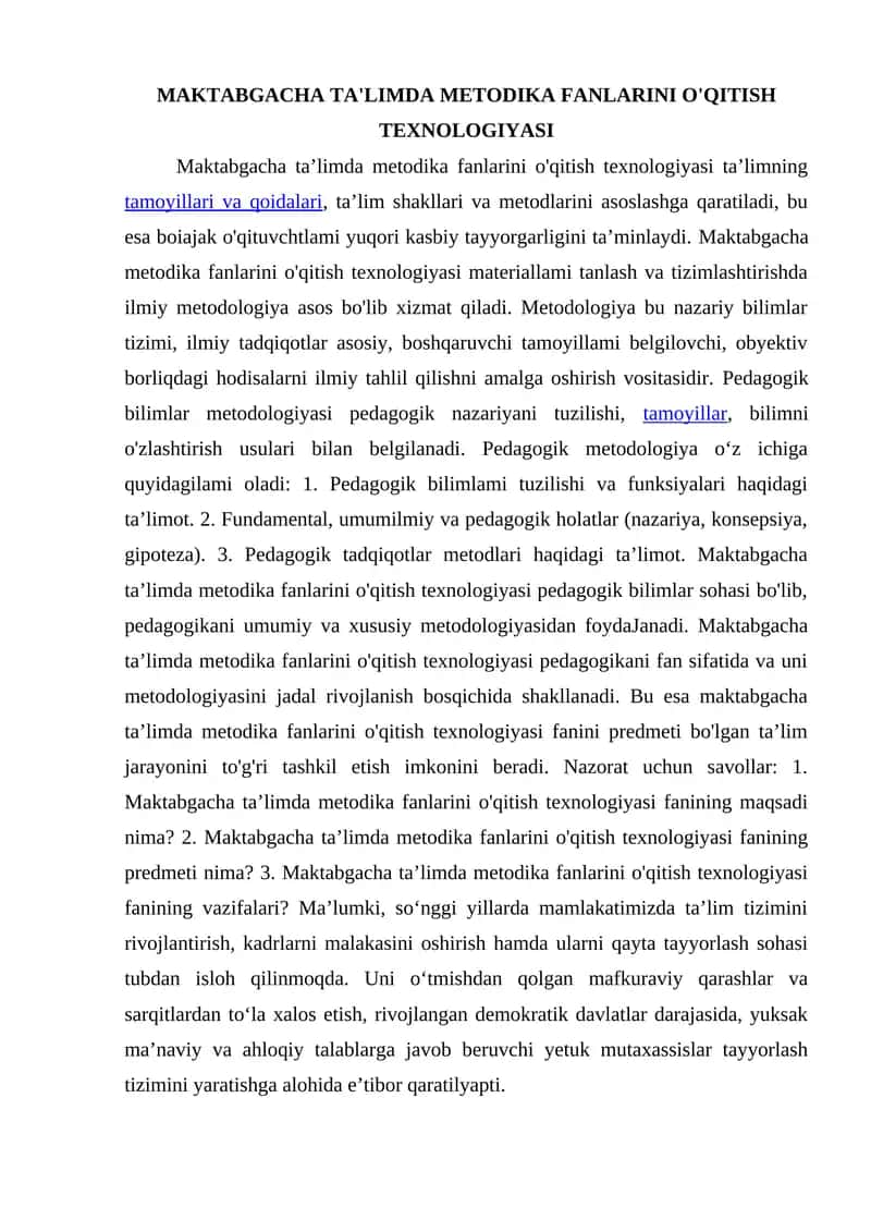 Maktabgacha ta'limda Metodika Fanlarini o'qitish Texnologiyasi