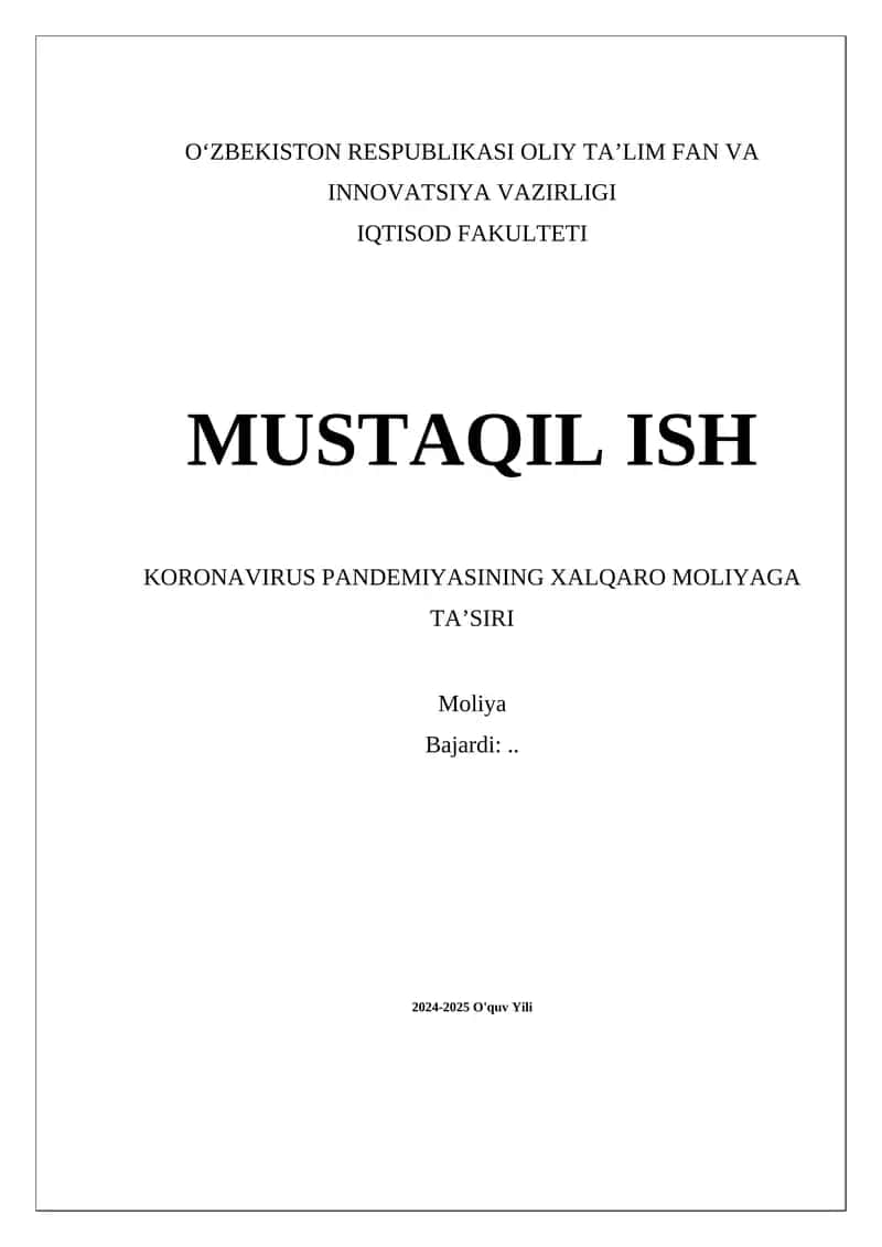 Xalqaro Moliyaga Koronavirus Pandemiyasi Ta'siri