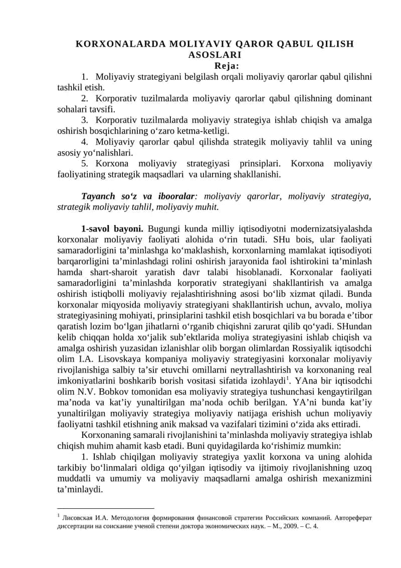 KORXONALARDA MOLIYAVIY QAROR QABUL QILISH ASOSLARI
