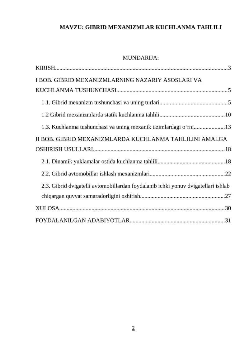 GIBRID MEXANIZMLAR KUCHLANMA TAHLILI