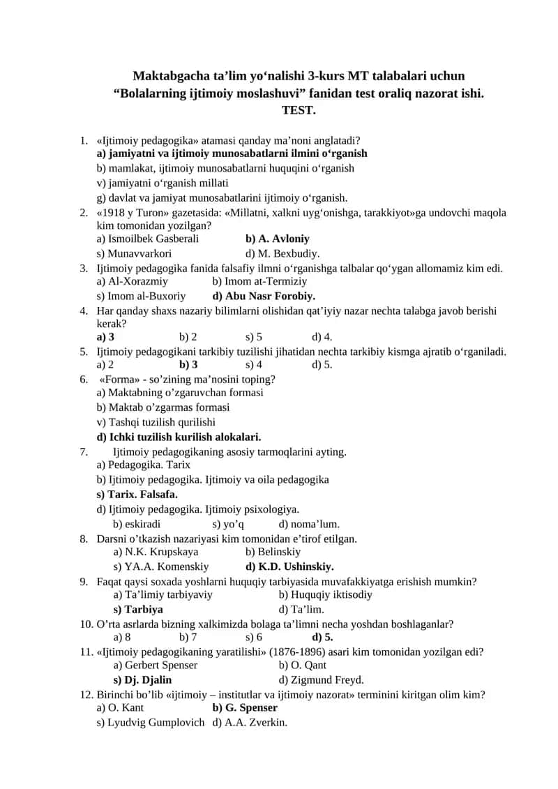 “Bolalarning ijtimoiy moslashuvi” fanidan test oraliq nazorat ishi