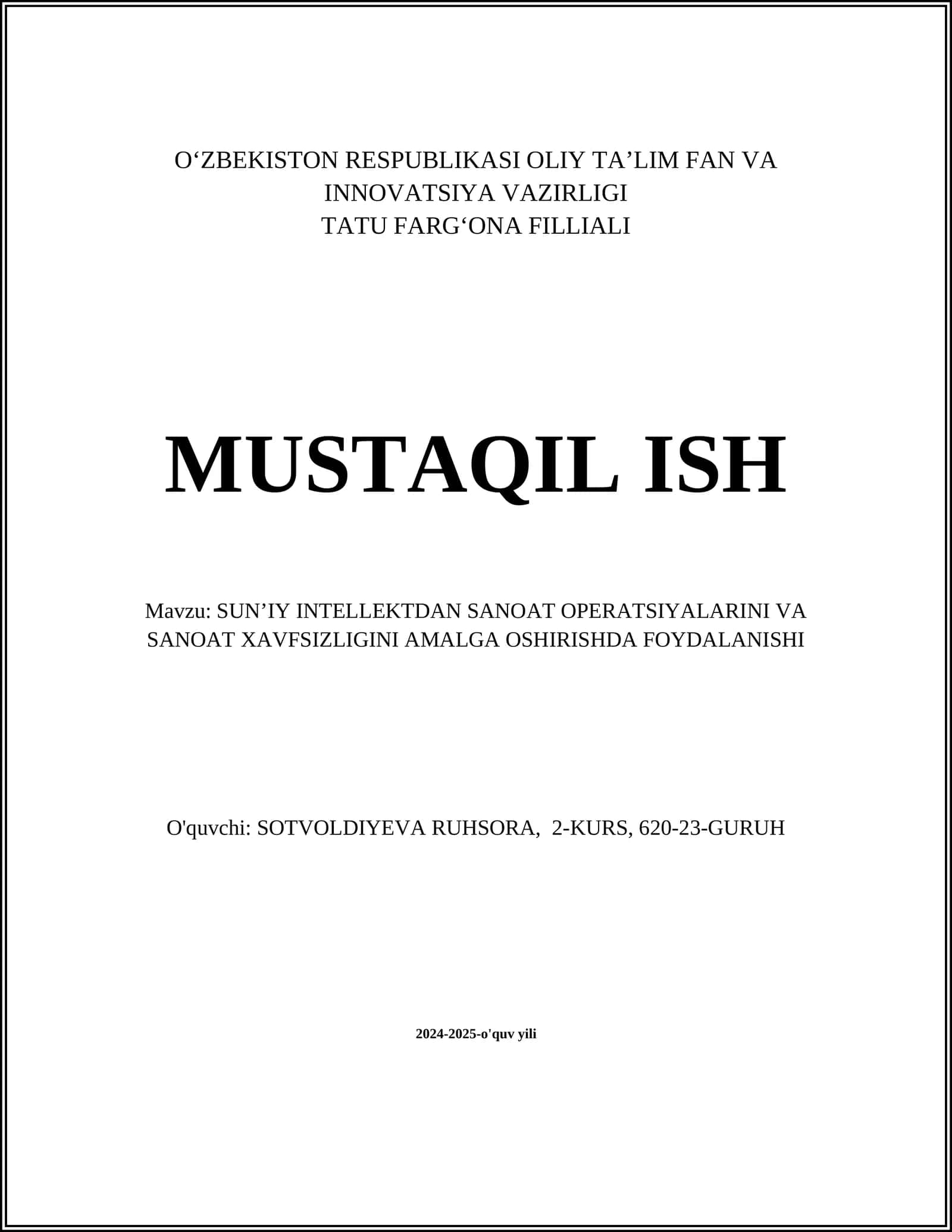 SUN’IY INTELLEKTDAN SANOAT OPERATSIYALARINI VA SANOAT XAVFSIZLIGINI AMALGA OSHIRISHDA FOYDALANISHI