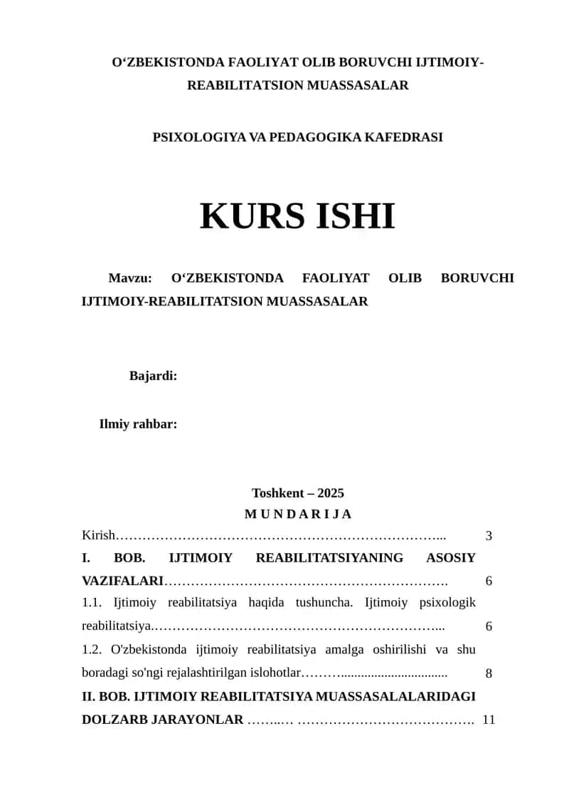 О‘ZBEKISTONDA FAOLIYAT OLIB BORUVCHI IJTIMOIY-REABILITATSION MUASSASALAR