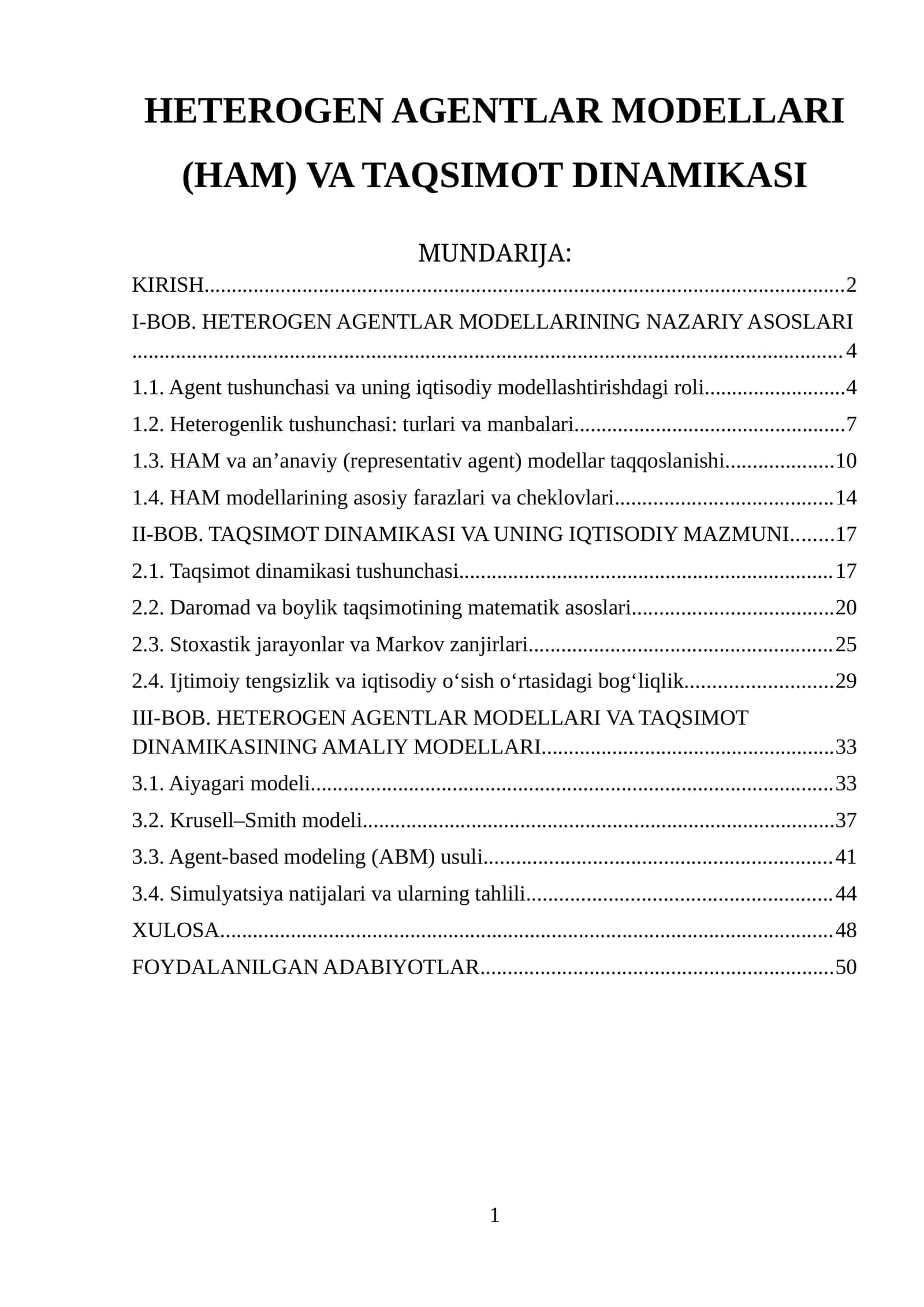 HETEROGEN AGENTLAR MODELLARI (HAM) VA TAQSIMOT DINAMIKASI