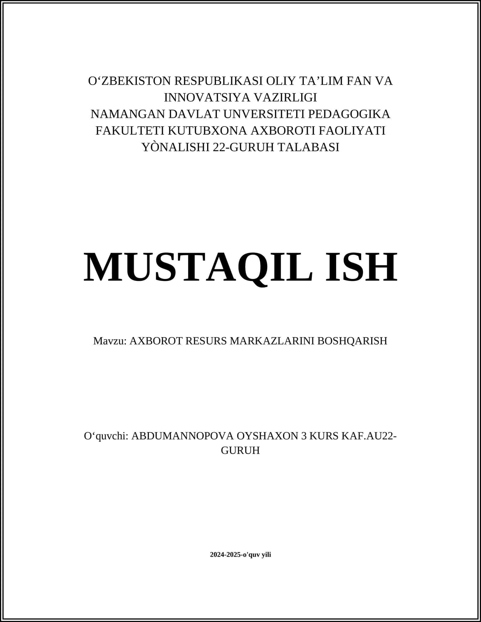 AXBOROT RESURS MARKAZLARINI BOSHQARISH
