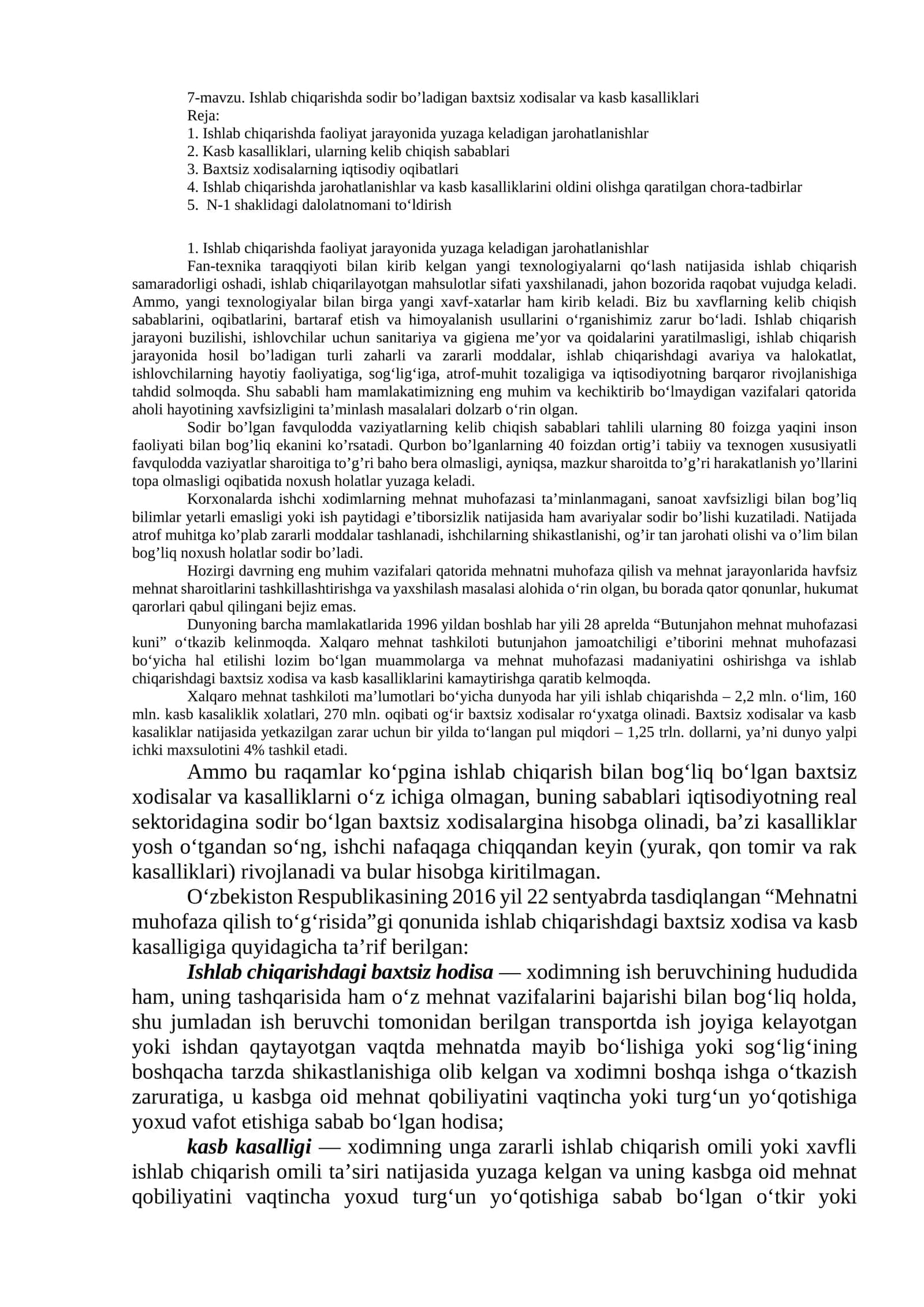 Ishlab chiqarishda sodir bo’ladigan baxtsiz xodisalar va kasb kasalliklari