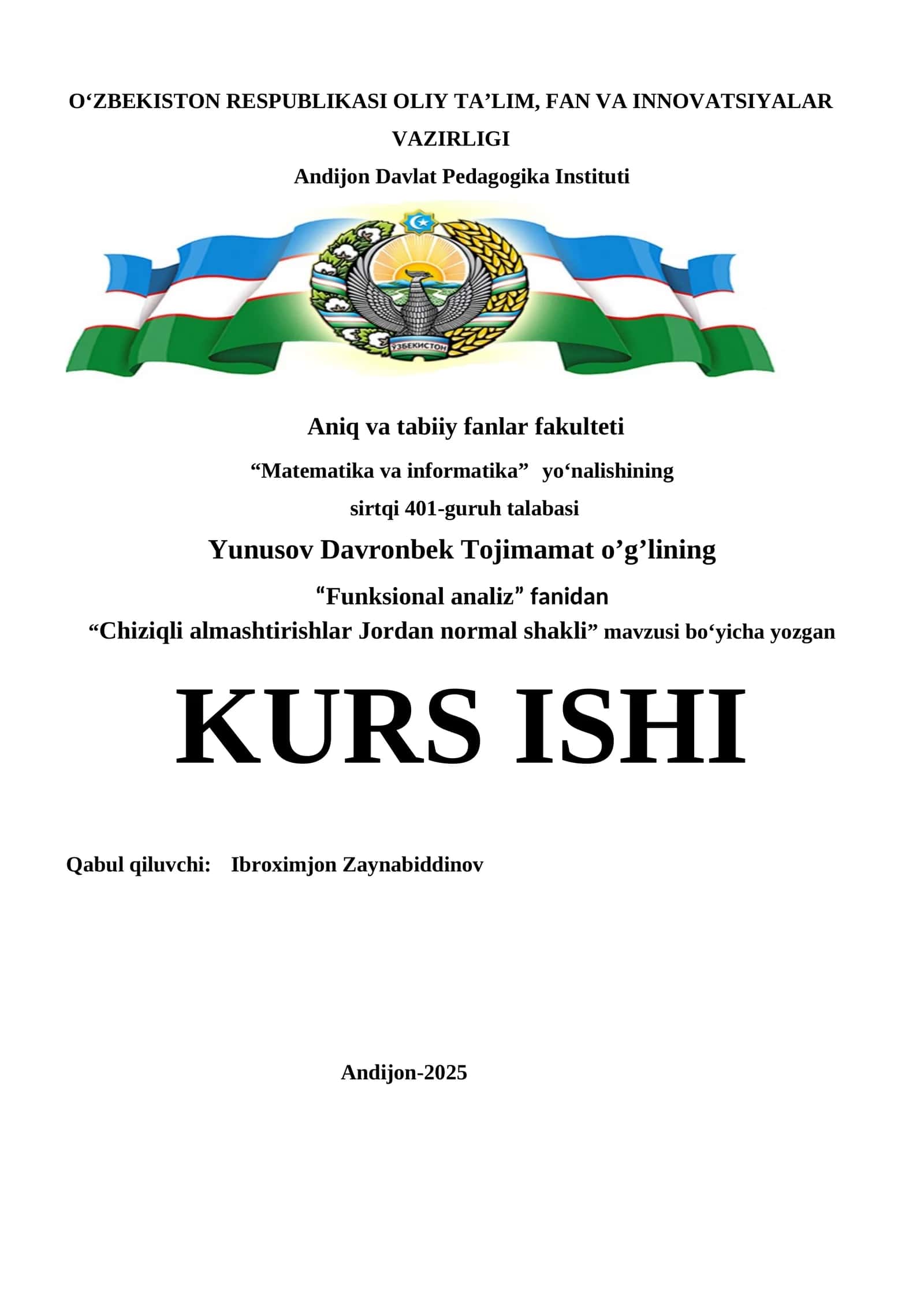Chiziqli almashtirishlar Jordan normal shakli