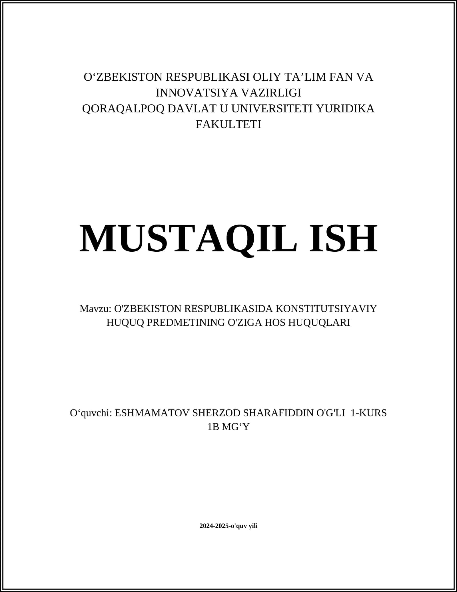 O'ZBEKISTON RESPUBLIKASIDA KONSTITUTSIYAVIY HUQUQ PREDMETINING O'ZIGA HOS HUQUQLARI