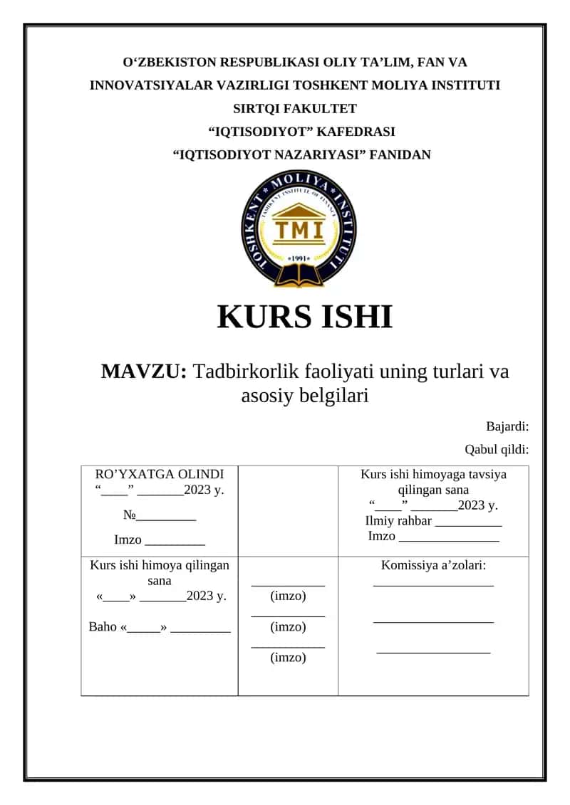 Tadbirkorlik faoliyati uning turlari va asosiy belgilari