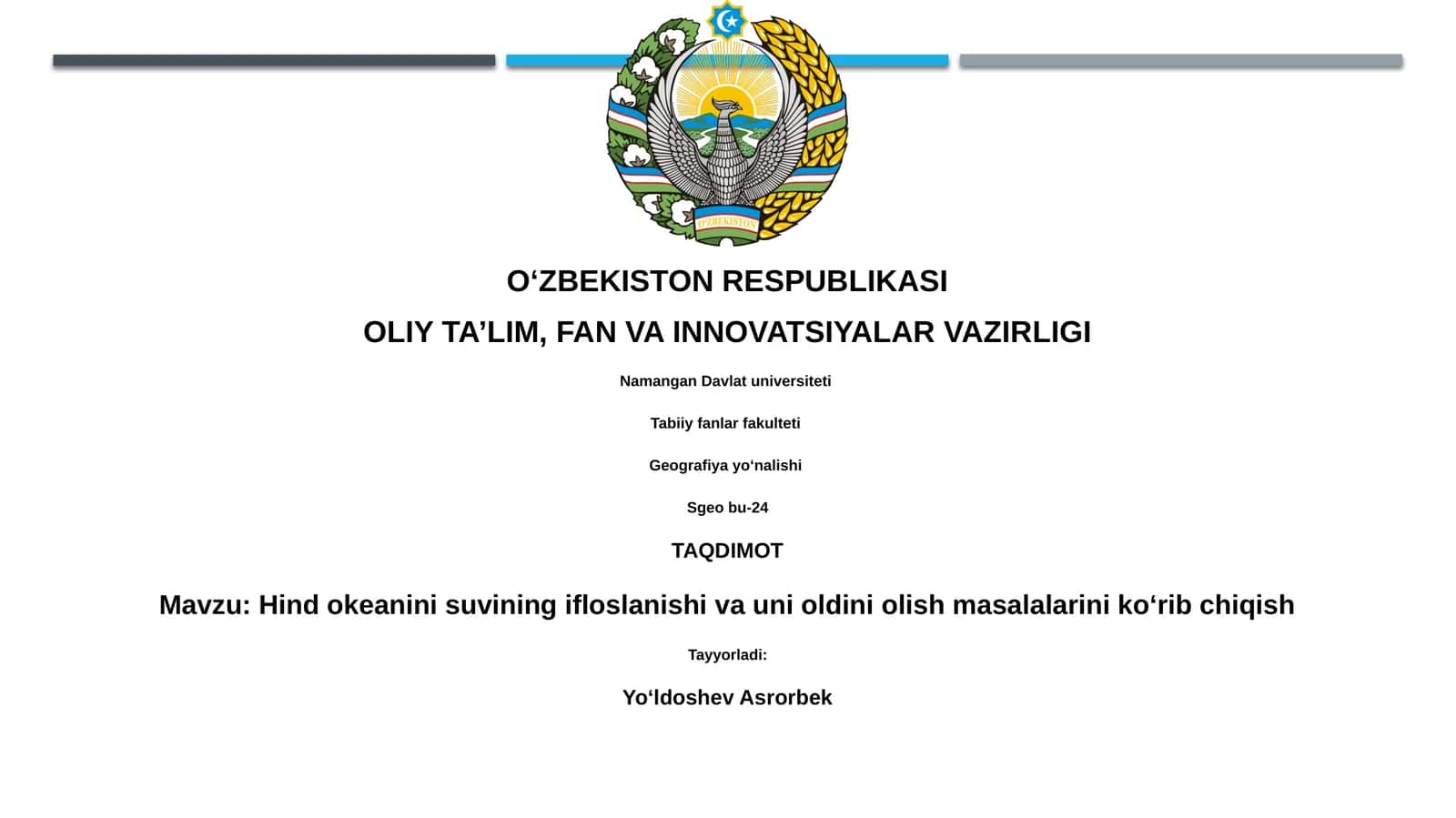 Hind okeanini suvining ifloslanishi va uni oldini olish masalalarini koʻrib chiqish