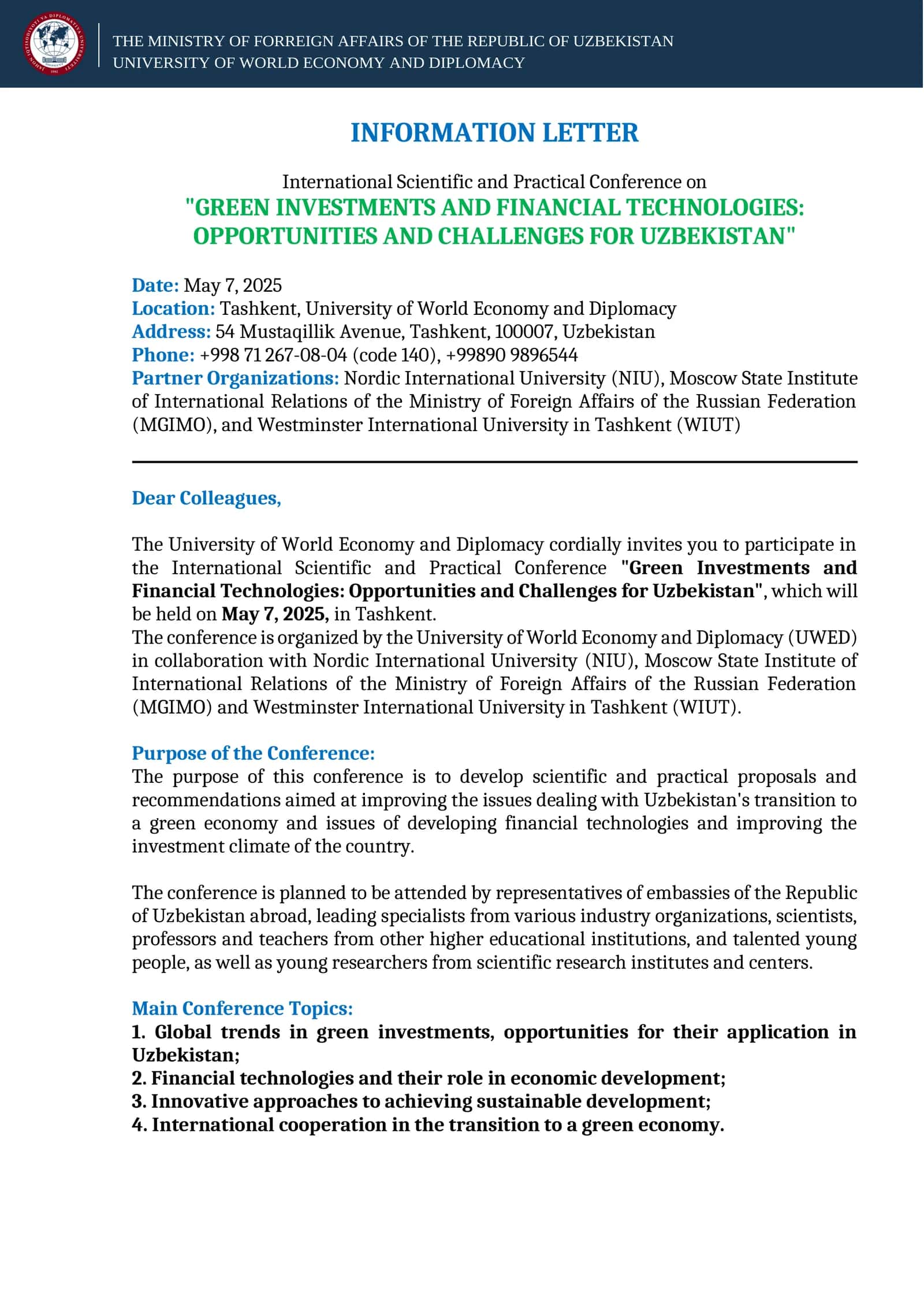 International Scientific and Practical Conference on "GREEN INVESTMENTS AND FINANCIAL TECHNOLOGIES: OPPORTUNITIES AND CHALLENGES FOR UZBEKISTAN"