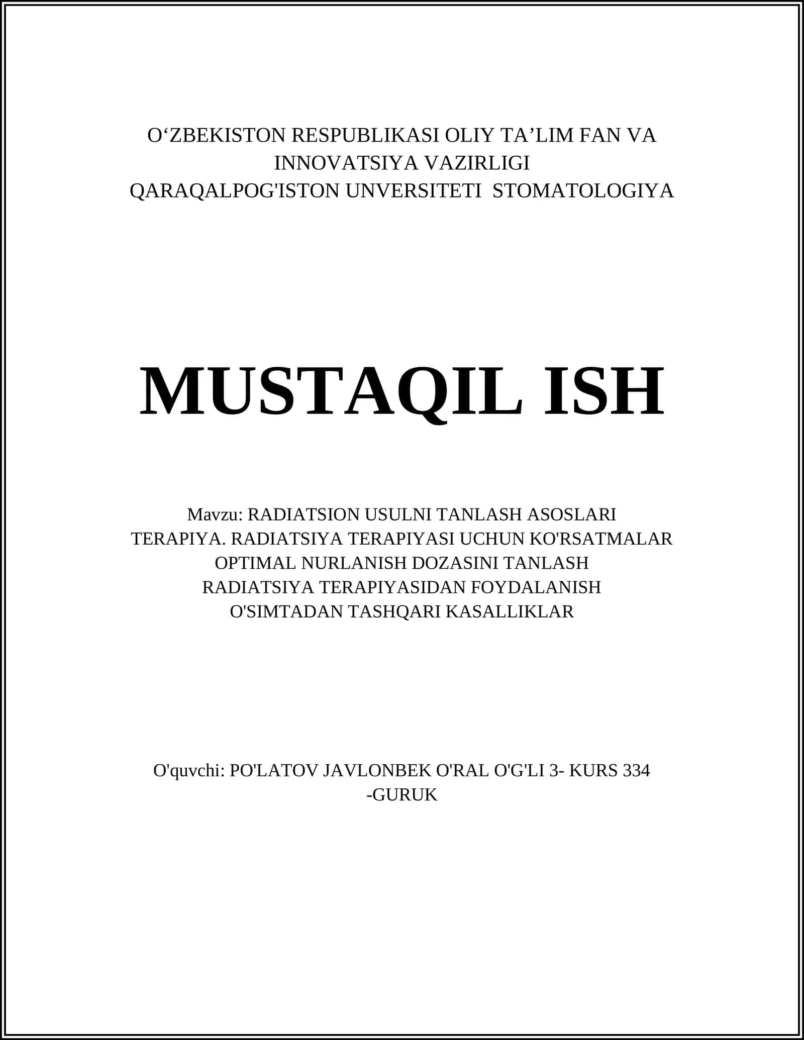 RADIATSION USULNI TANLASH ASOSLARI