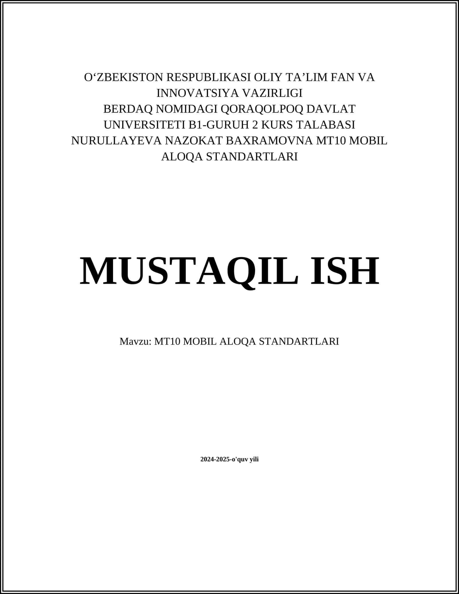 МТ10 MOBIL ALOQA STANDARTLARI