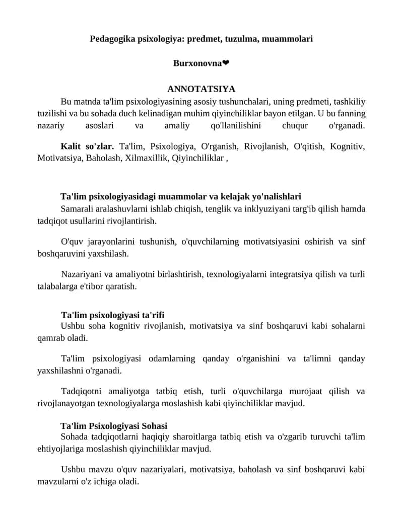 Pedagogika psixologiya: predmet, tuzulma, muammolari