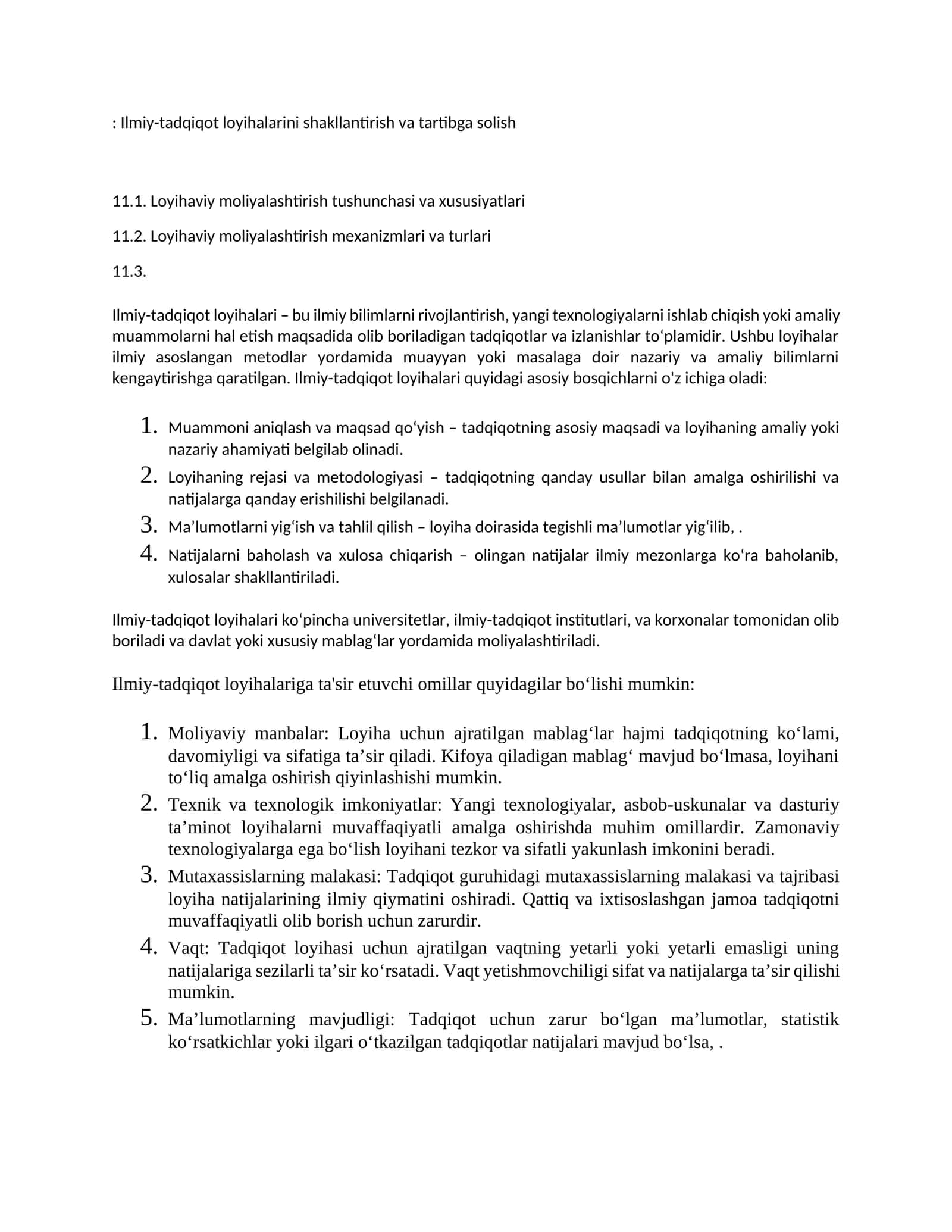 Ilmiy-tadqiqot loyihalarini shakllantirish va tartibga solish