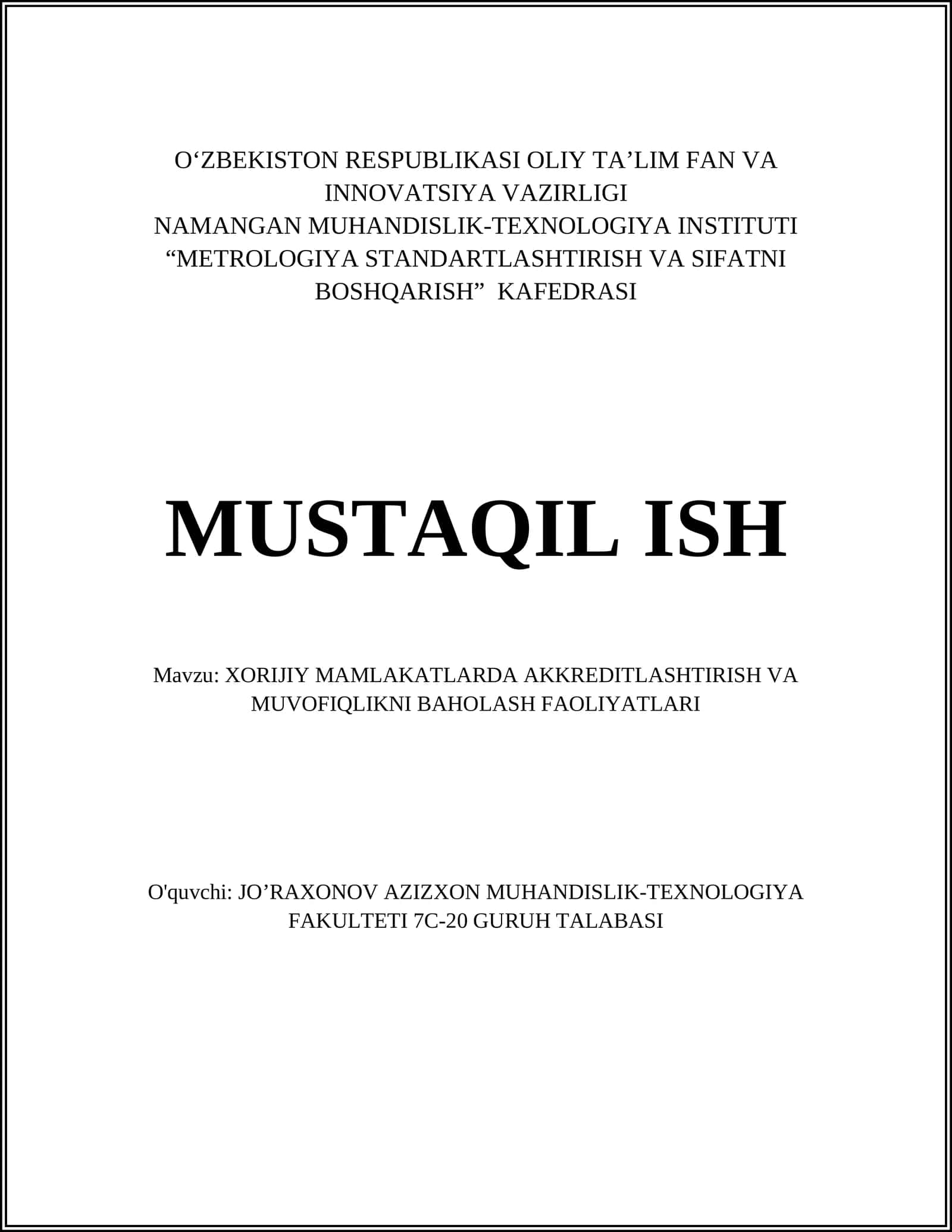 XORIJIY MAMLAKATLARDA AKKREDITLASHTIRISH VA MUVOFIQLIKNI BAHOLASH FAOLIYATLARI