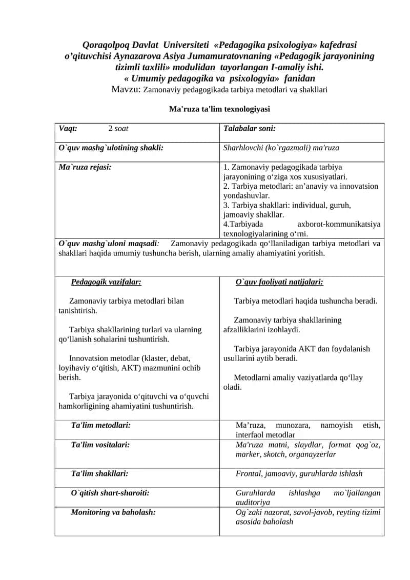 Texnologik karta "Zamonaviy pedagogikada tarbiya metodlari va shakllari" mavzusi uchun