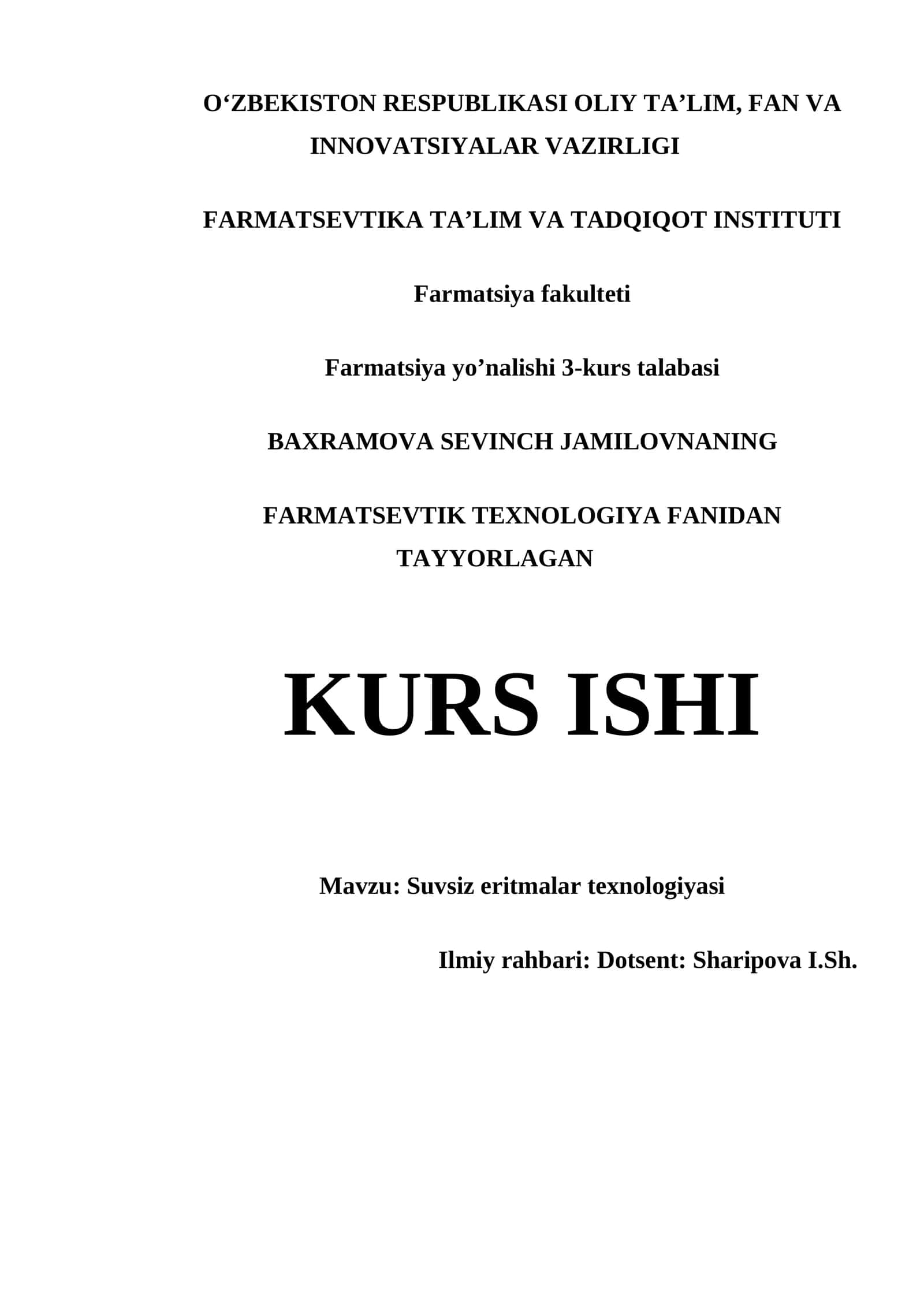 Farmatsevtik Texnologiya Fanidan Tayyorlagan Kurs Ishi