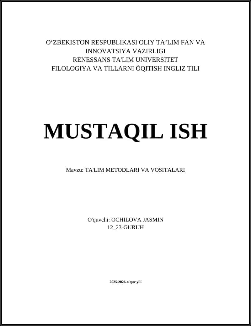 TA'LIM METODLARI VA VOSITALARI