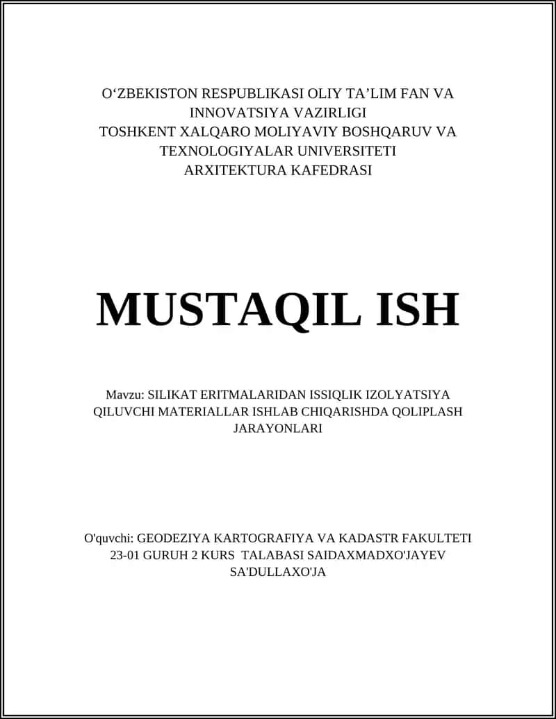 SILIKAT ERITMALARIDAN ISSIQLIK IZOLYATSIYA QILUVCHI MATERIALLAR