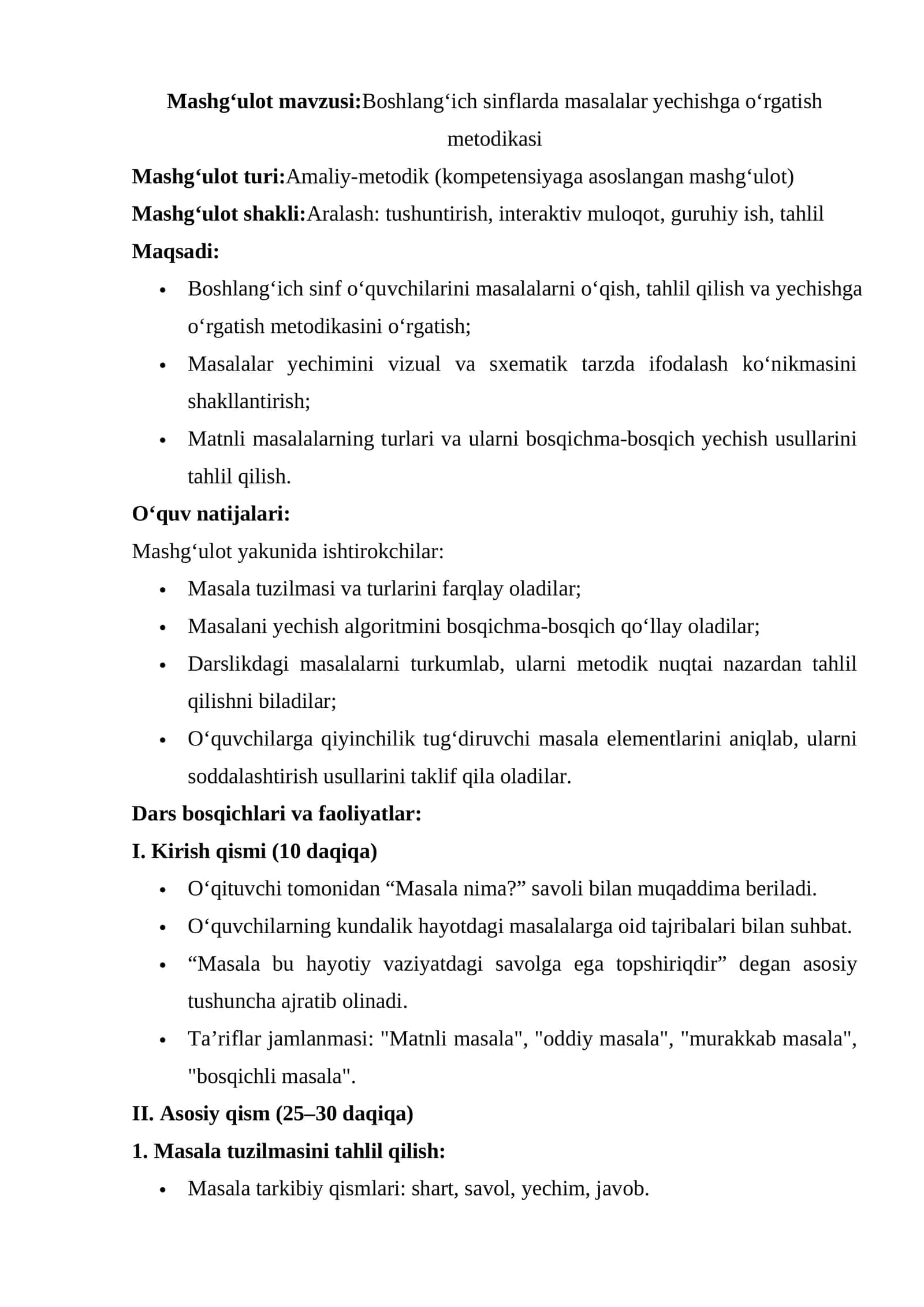 Boshlang‘ich sinflarda masalalar yechishga o‘rgatish metodikasi