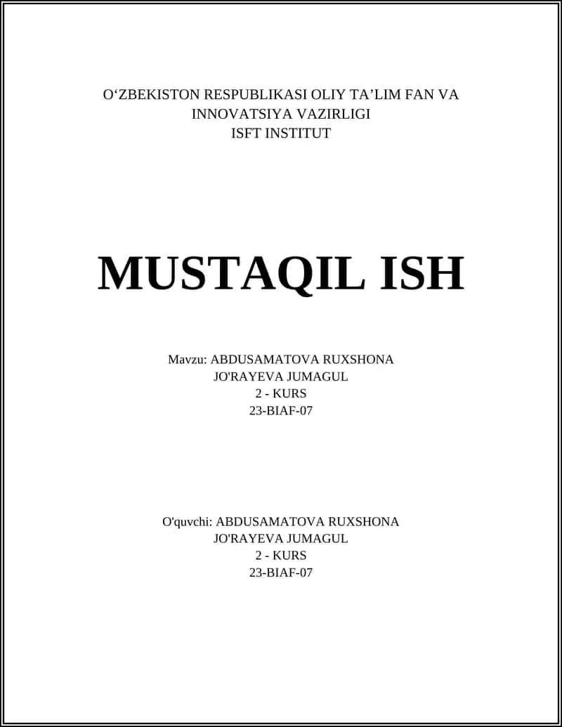 ABDUSAMATOVA RUXSHONA JO'RAYEVA JUMAGUL