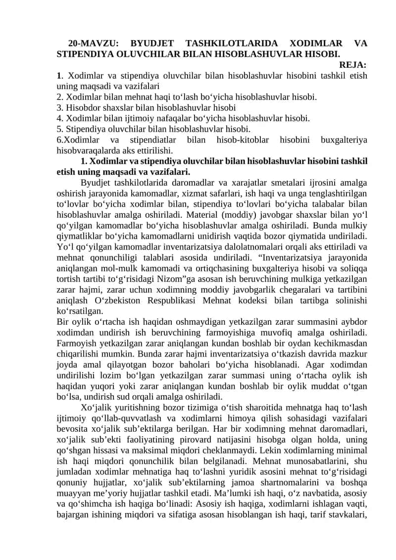 BYUDJET TASHKILOTLARIDA XODIMLAR VA STIPENDIYA OLUVCHILAR BILAN HISOBLASHUVLAR HISOBI
