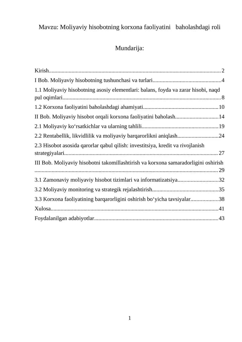 Moliyaviy hisobotning korxona faoliyatini baholashdagi roli