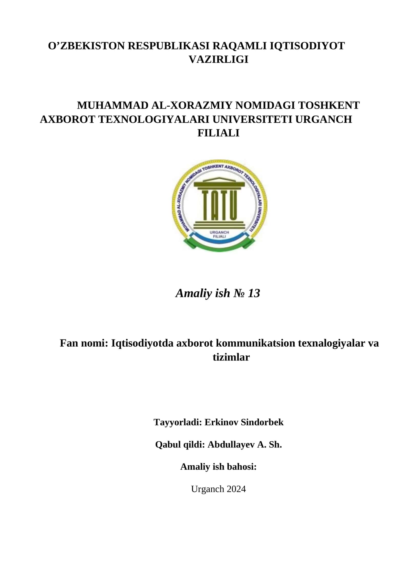 Iqtisodiyotda axborot kommunikatsion texnalogiyalar va tizimlar