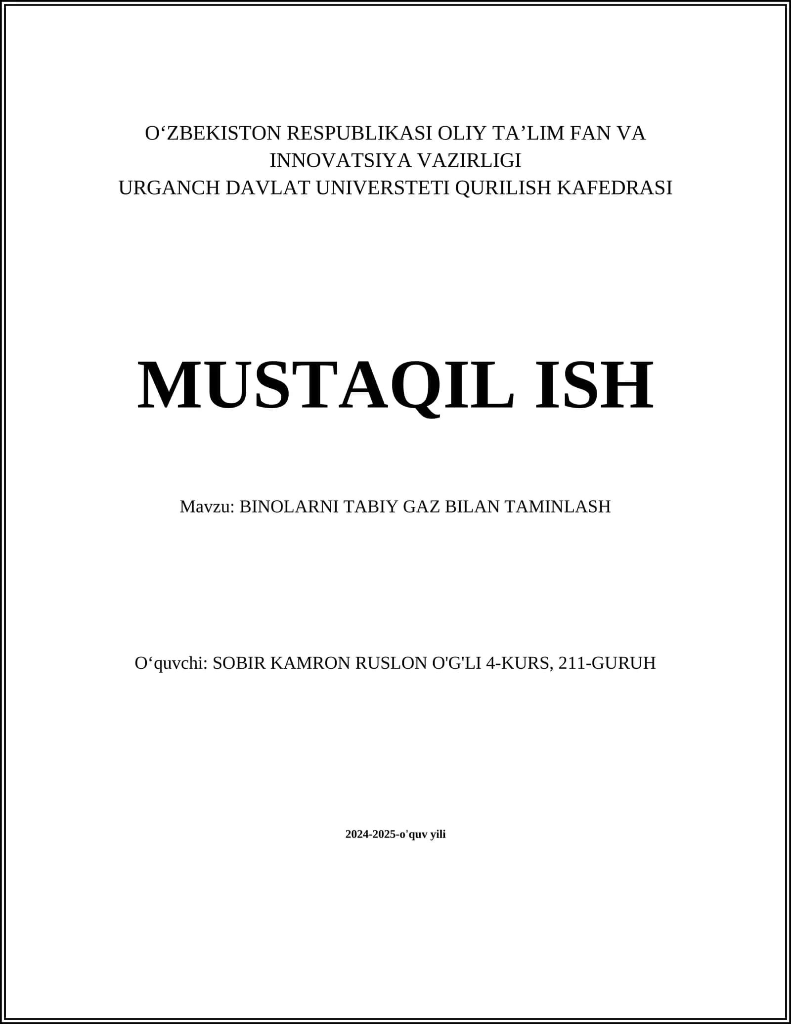 BINOLARNI TABIY GAZ BILAN TAMINLASH