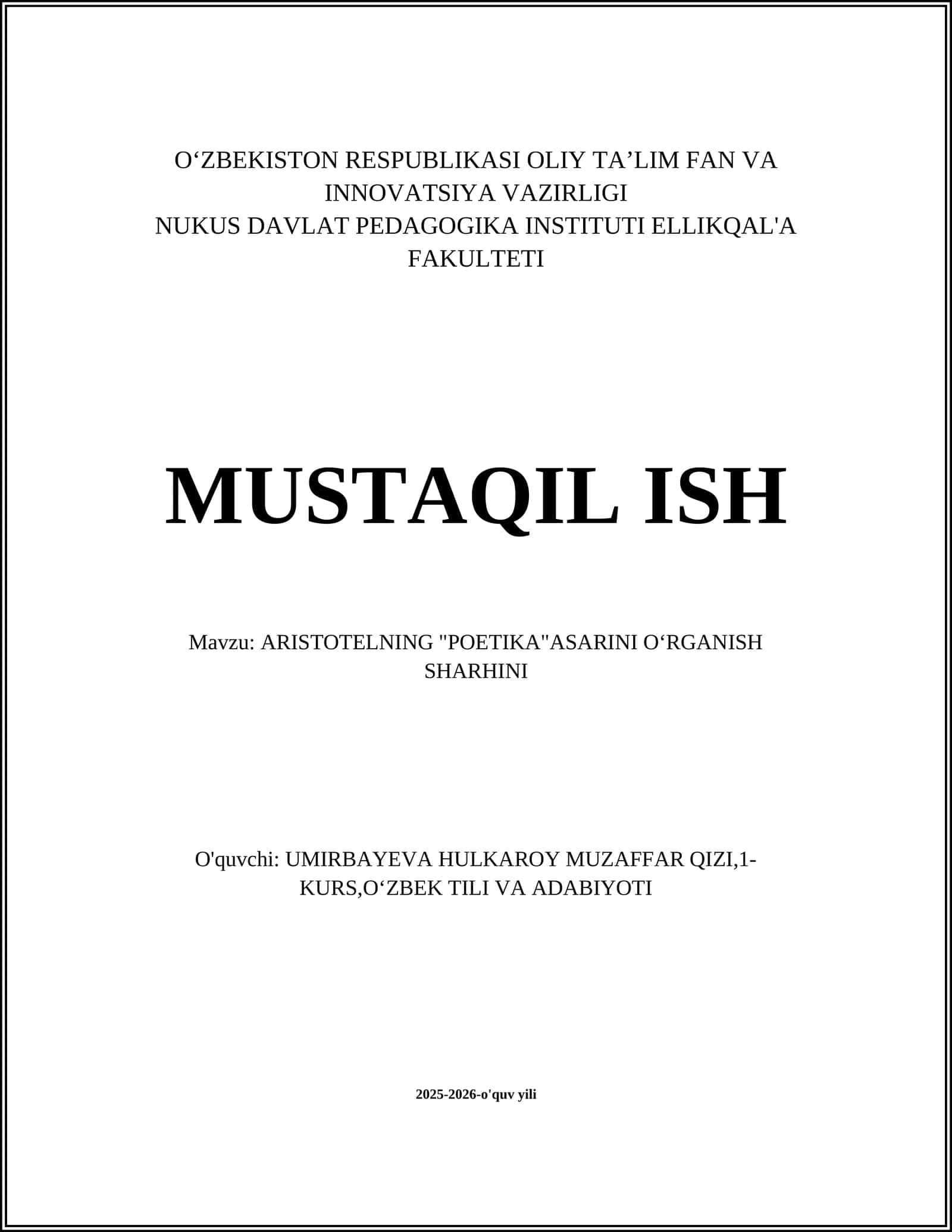 ARISTOTELNING "POETIKA"ASARINI OʻRGANISH SHARHINI