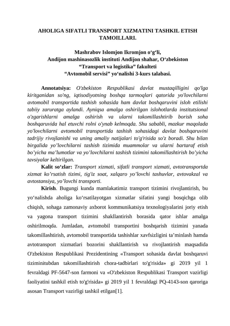 AHOLIGA SIFATLI TRANSPORT XIZMATINI TASHKIL ETISH TAMOILLARI.