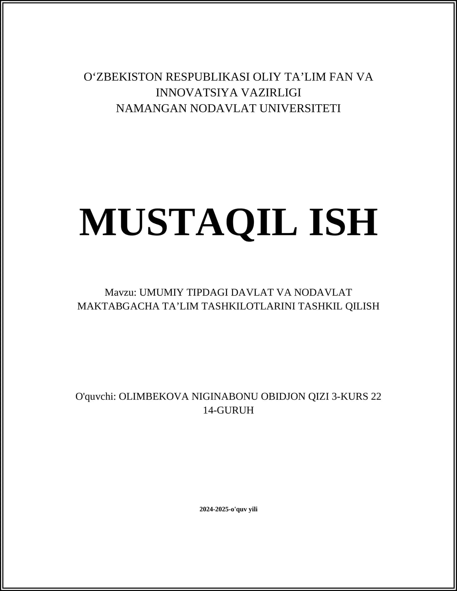UMUMIY TIPDAGI DAVLAT VA NODAVLAT MAKTABGACHA TAʼLIM TASHKILOTLARINI TASHKIL QILISH