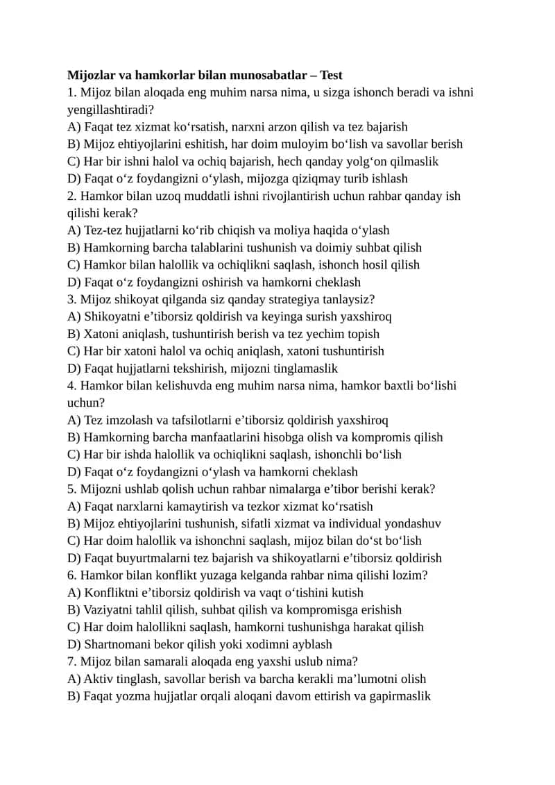 Mijozlar va hamkorlar bilan munosabatlar – Test