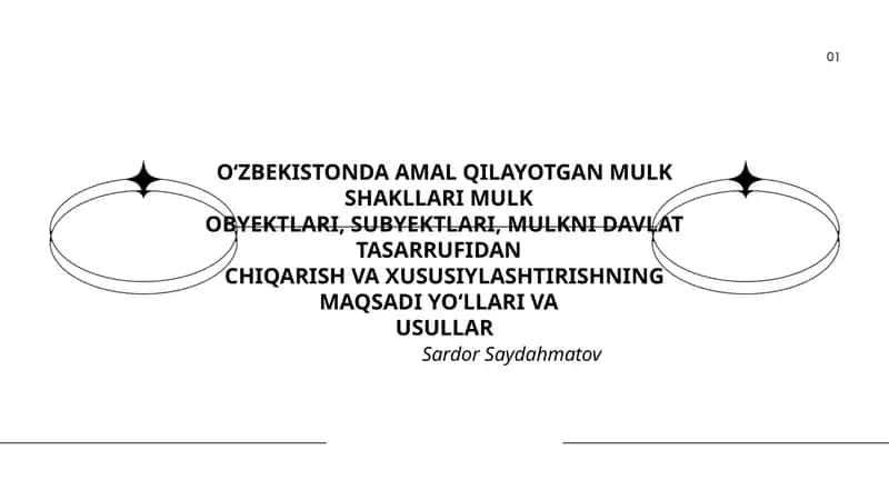 O‘ZBEKISTONDA AMAL QILAYOTGAN MULK SHAKLLARI MULKOBYEKTLARI, SUBYEKTLARI, MULKNI DAVLAT TASARRUFIDANCHIQARISH VA XUSUSIYLASHTIRISHNING MAQSADI YO‘LLARI VAUSULLAR