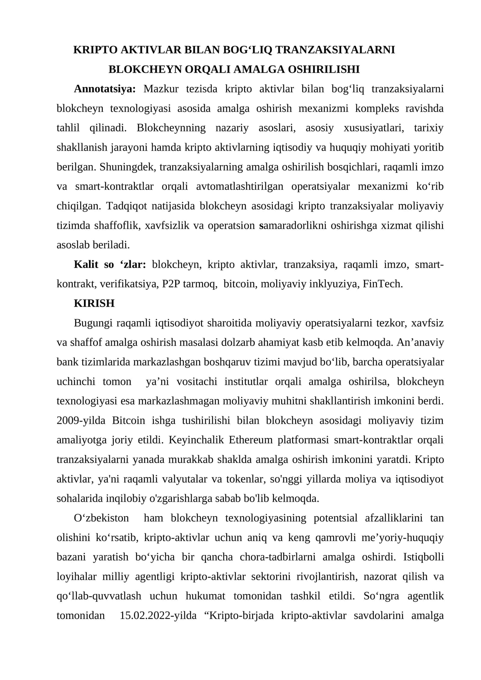 KRIPTO AKTIVLAR BILAN BOGʻLIQ TRANZAKSIYALARNI BLOKCHEYN ORQALI AMALGA OSHIRILISHI
