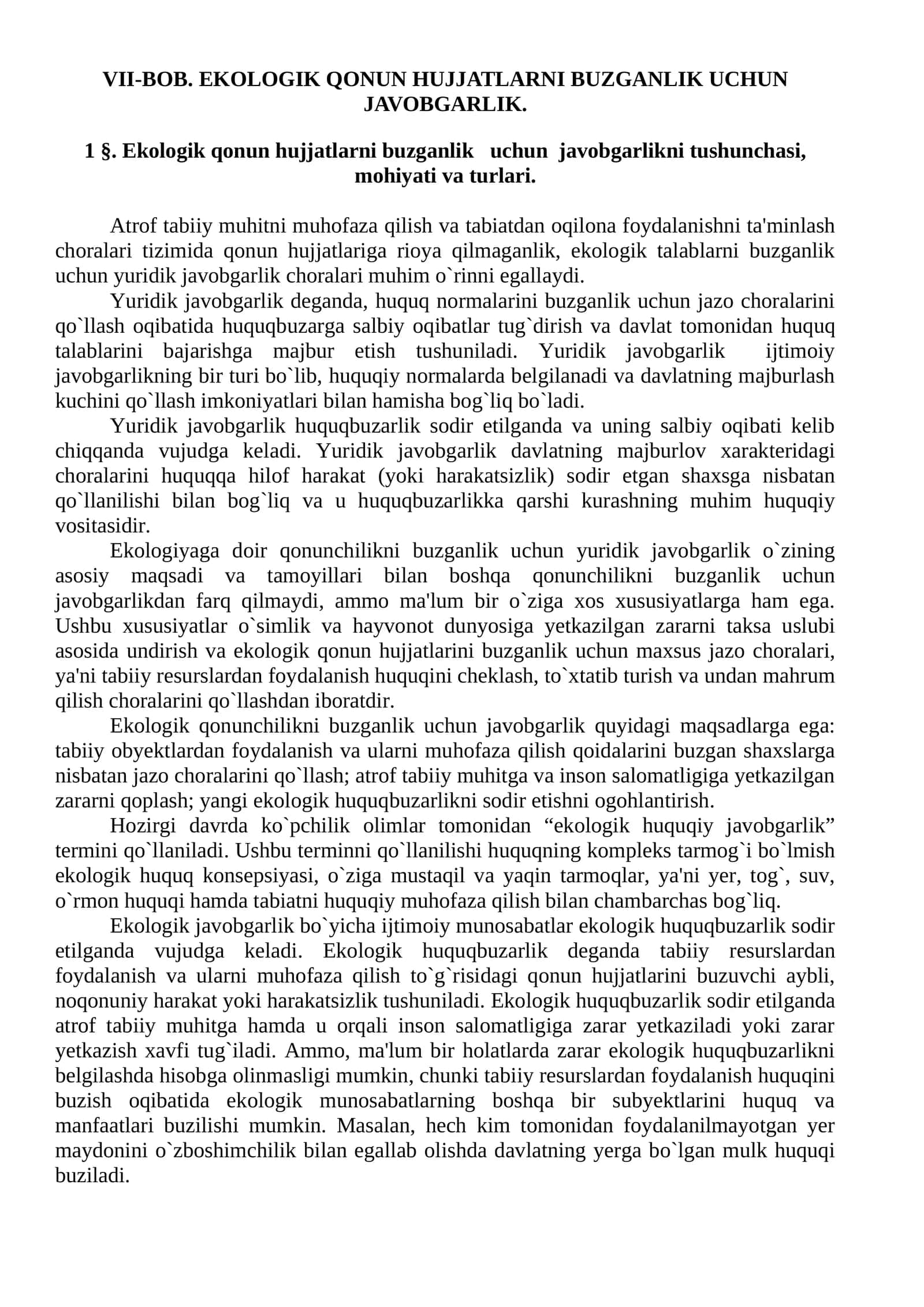 Ekologik qonun hujjatlarni buzganlik uchun javobgarlik