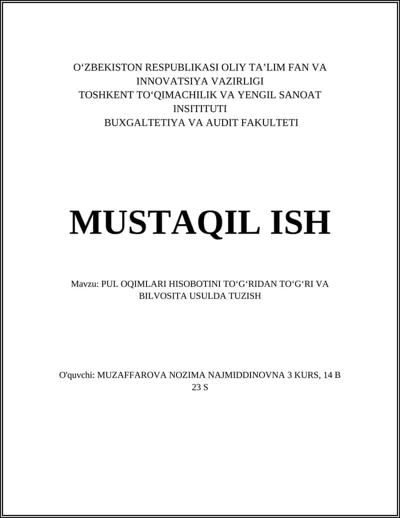 Pul Oqimlari Hisobotini To‘g‘ridan To‘g‘ri va Bilvosita Usulda Tuzish