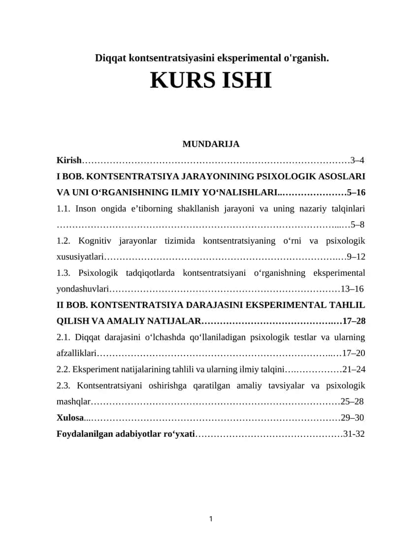 Diqqat kontsentratsiyasini eksperimental o'rganish.