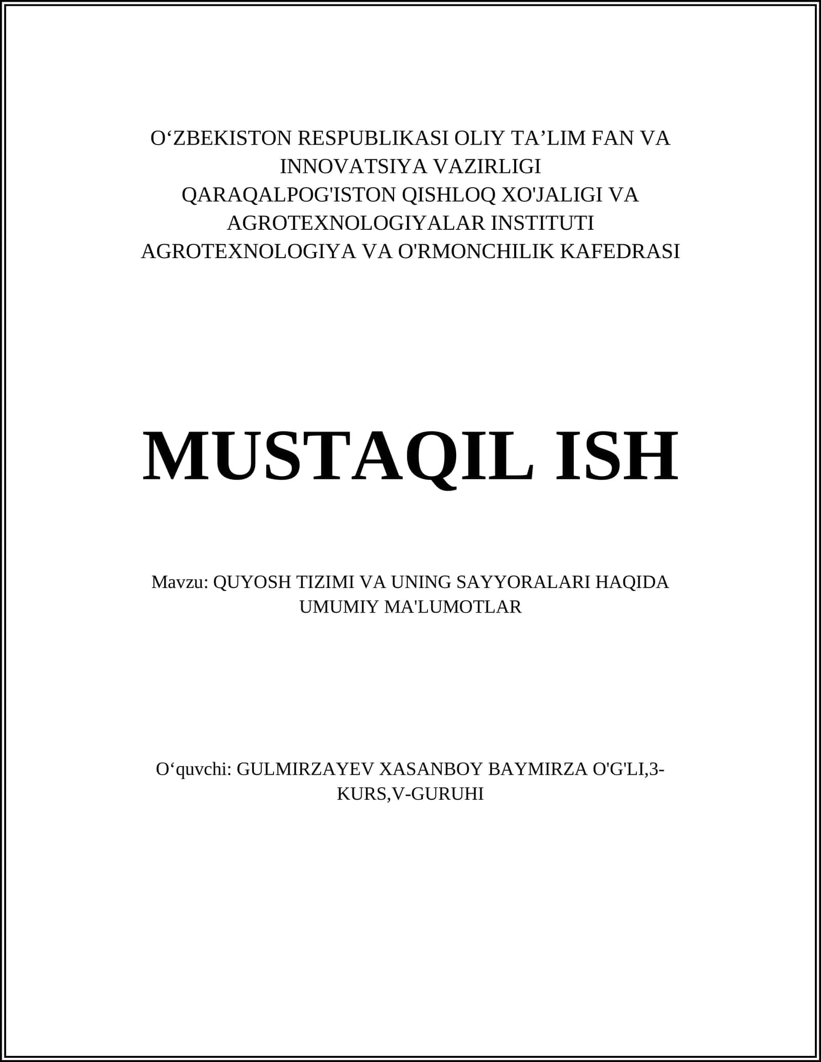 QUYOSH TIZIMI VA UNING SAYYORALARI HAQIDA UMUMIY MA'LUMOTLAR