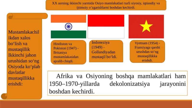XX asrning ikkinchi yarmida Osiyo mamlakatlarining iqtisodiy vai jtimoiy o‘zgarishlari