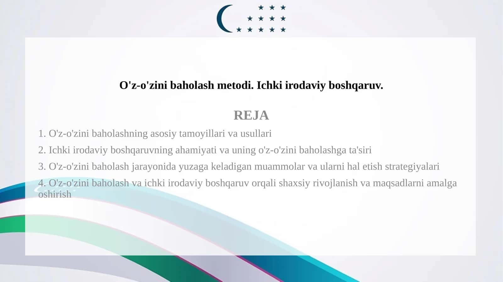 O'z-o'zini baholash metodi. Ichki irodaviy boshqaruv.