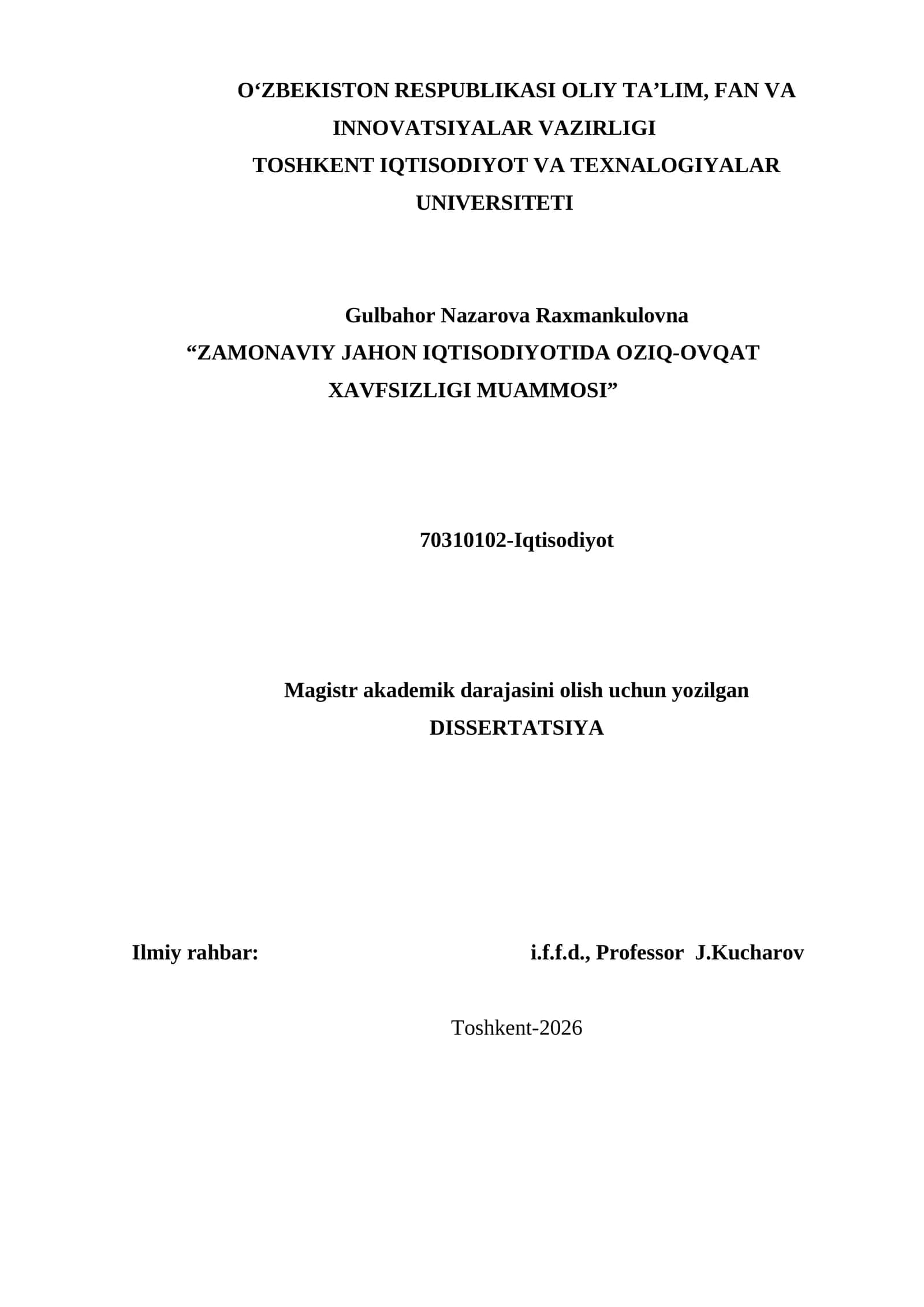 Zamonaviy Jahon Iqtisodiyotida Oziq-Ovqat Xavfsizligi Muammosi