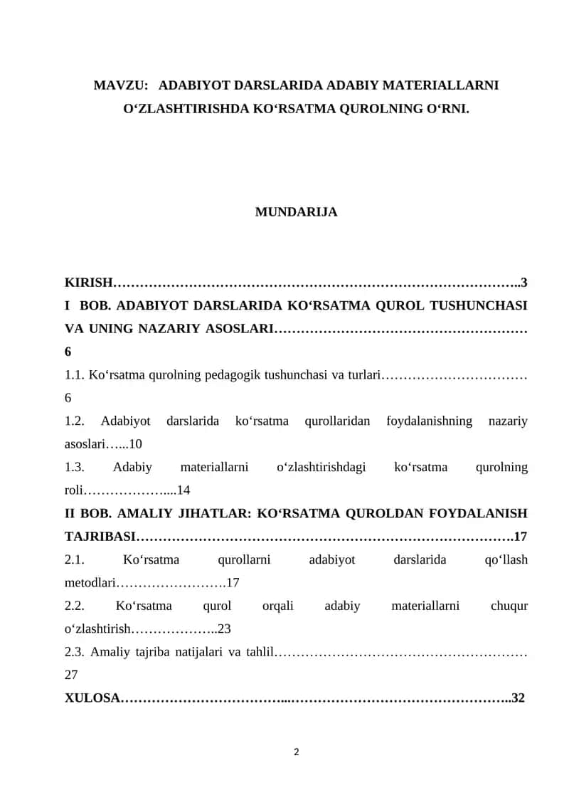 ADABIYOT DARSLARIDA ADABIY MATERIALLARNI O‘ZLASHTIRISHDA KO‘RSATMA QUROLNING O‘RNI