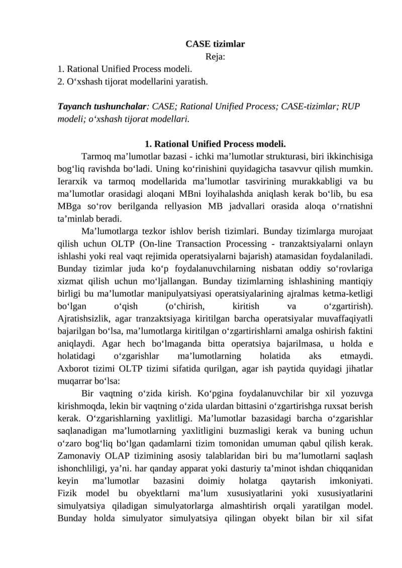 Case tizimlar. Rational Unified Process modeli.
