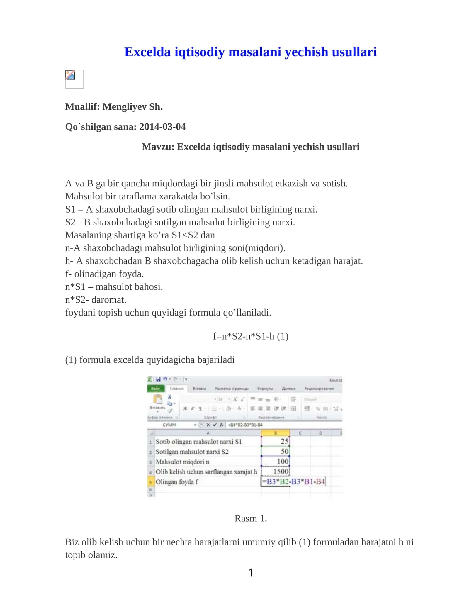 Excelda iqtisodiy masalani yechish usullari