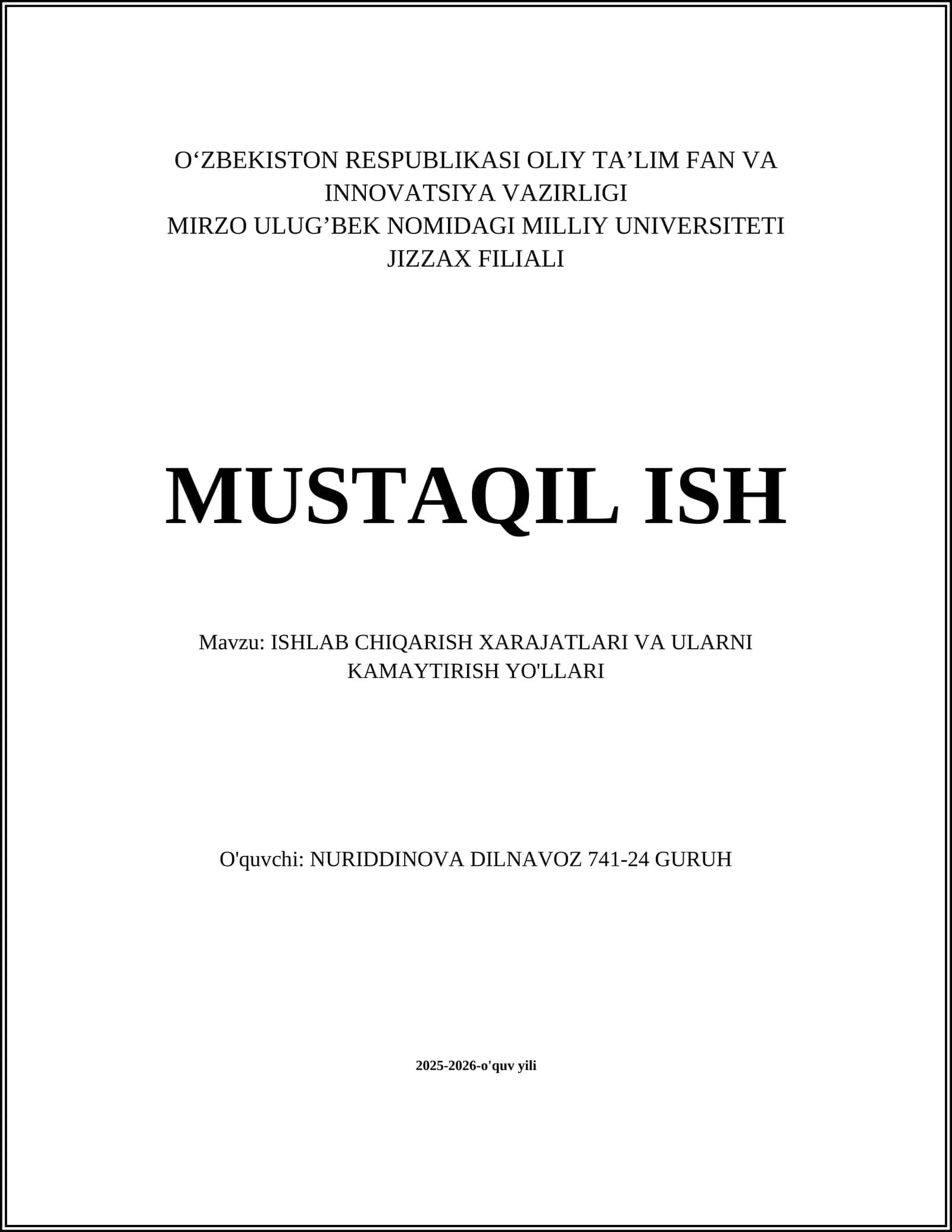 ISHLAB CHIQARISH XARAJATLARI VA ULARNI KAMAYTIRISH YO'LLARI