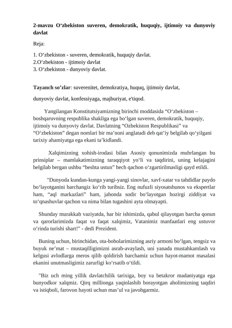 O‘zbekiston suveren, demokratik, huquqiy, ijtimoiy va dunyoviy davlat