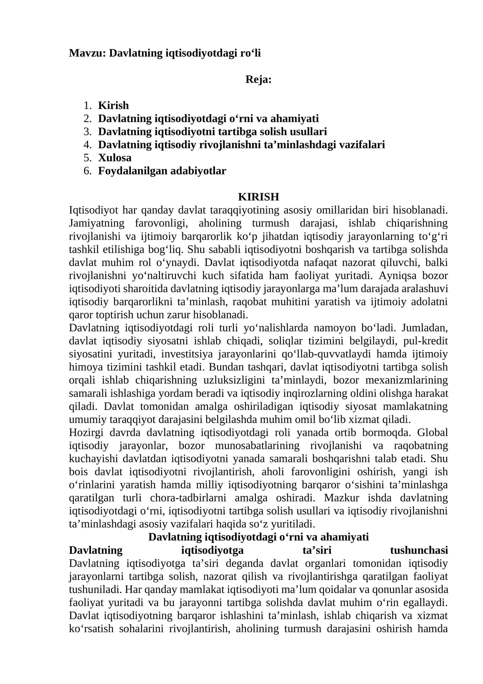 Davlatning iqtisodiyotdagi ro‘li